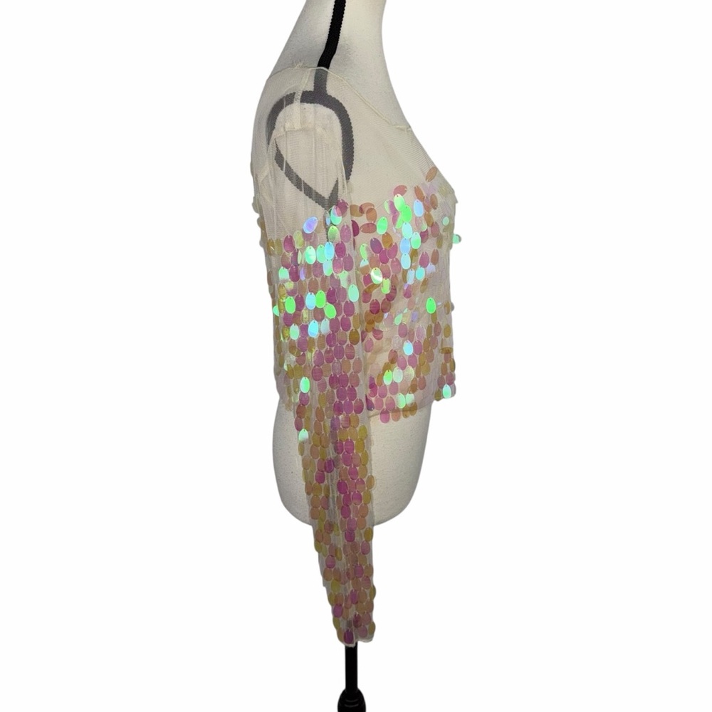 Mustard Seed Sequin Mesh Sheer Top Small Iridescent Y2K Festival Rave Party Glam - Picture 4 of 11